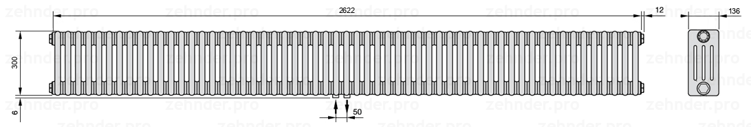 Схема (чертеж) Радиатор Zehnder Charleston 4030/57 №3470 Белый глянцевый RAL 9016